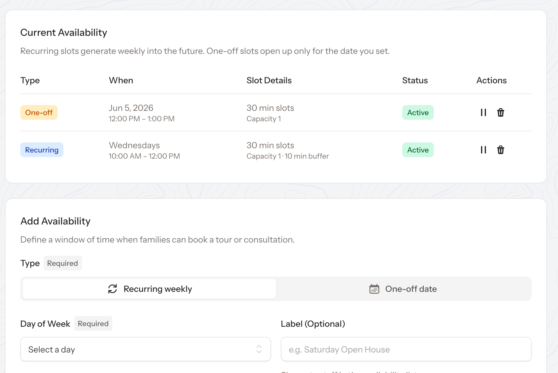 Manage Availability page showing a recurring Tuesday window and a one-off open house date
