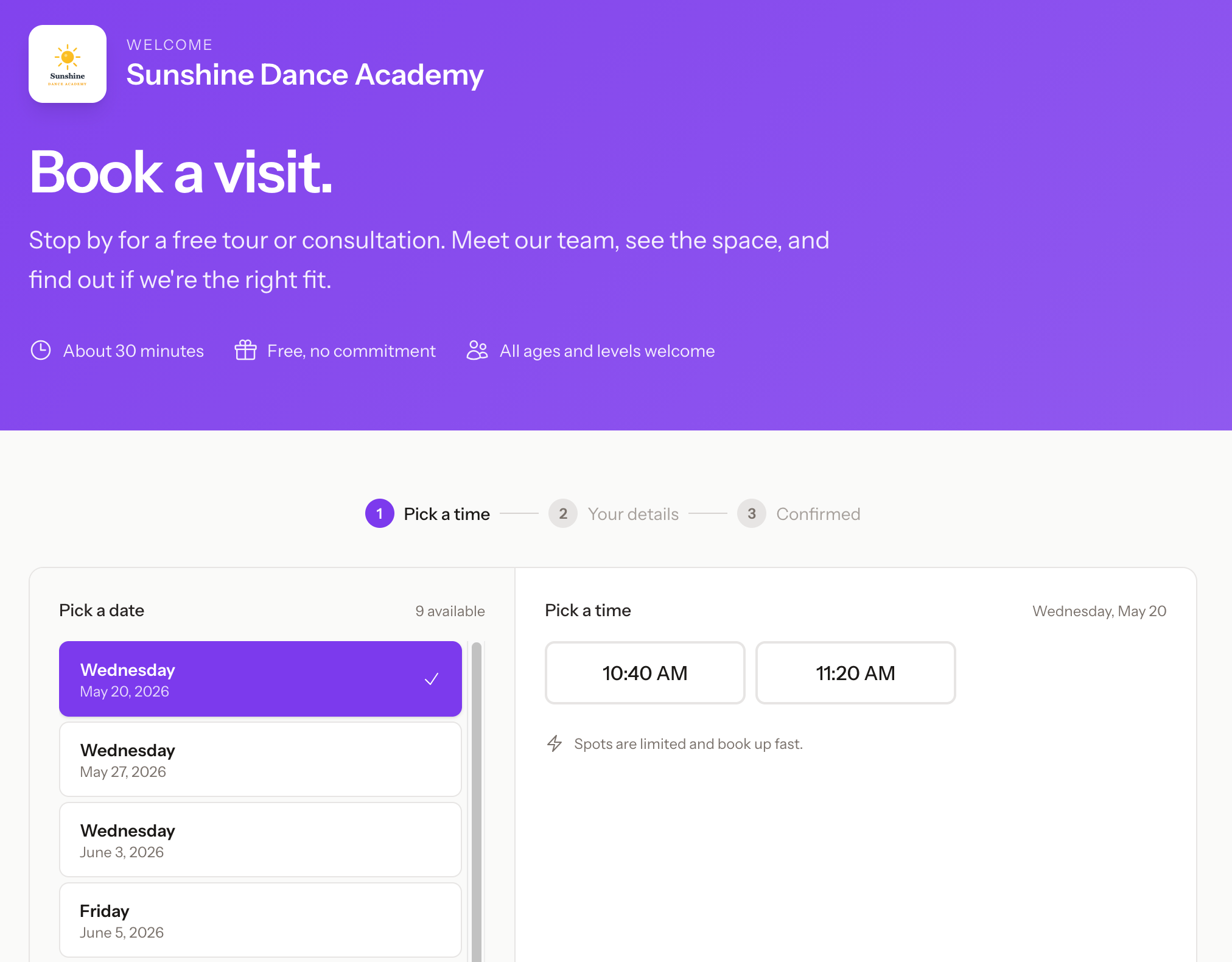 The public booking page where prospective families pick a date and time